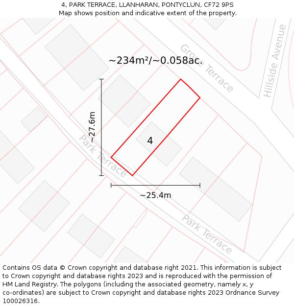 4, PARK TERRACE, LLANHARAN, PONTYCLUN, CF72 9PS: Plot and title map