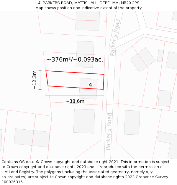 4, PARKERS ROAD, MATTISHALL, DEREHAM, NR20 3PS: Plot and title map