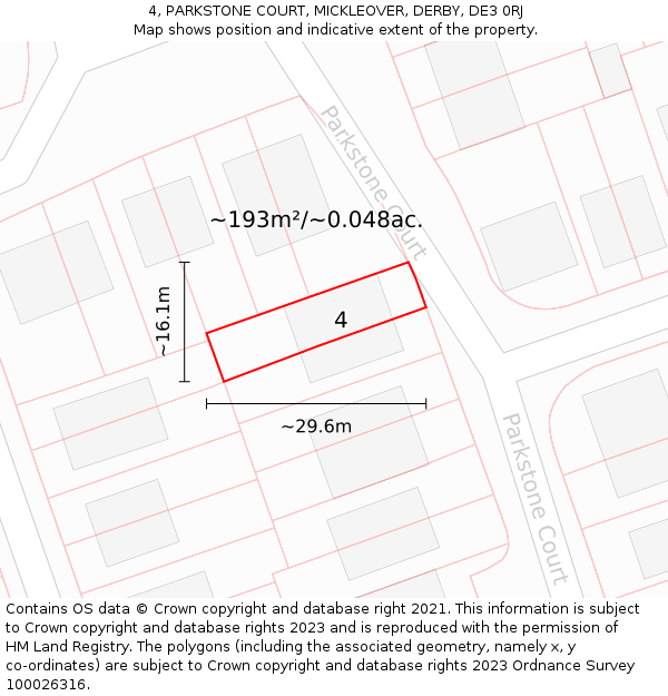 4, PARKSTONE COURT, MICKLEOVER, DERBY, DE3 0RJ: Plot and title map