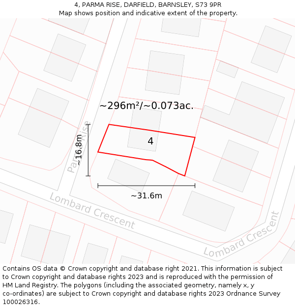 4, PARMA RISE, DARFIELD, BARNSLEY, S73 9PR: Plot and title map
