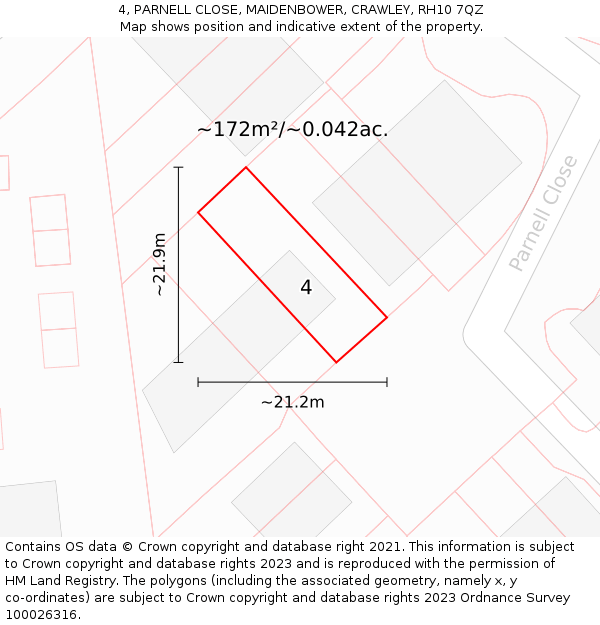 4, PARNELL CLOSE, MAIDENBOWER, CRAWLEY, RH10 7QZ: Plot and title map