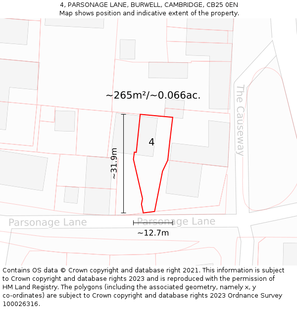 4, PARSONAGE LANE, BURWELL, CAMBRIDGE, CB25 0EN: Plot and title map