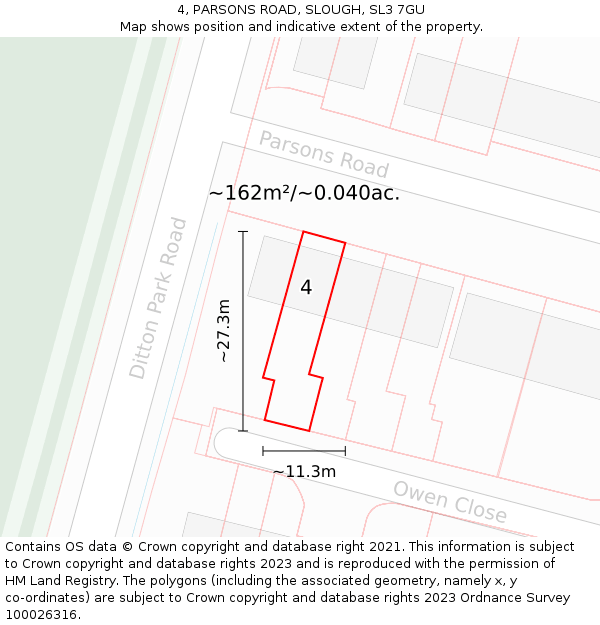 4, PARSONS ROAD, SLOUGH, SL3 7GU: Plot and title map