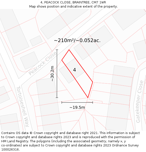 4, PEACOCK CLOSE, BRAINTREE, CM7 1WR: Plot and title map