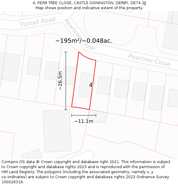 4, PEAR TREE CLOSE, CASTLE DONINGTON, DERBY, DE74 2JJ: Plot and title map