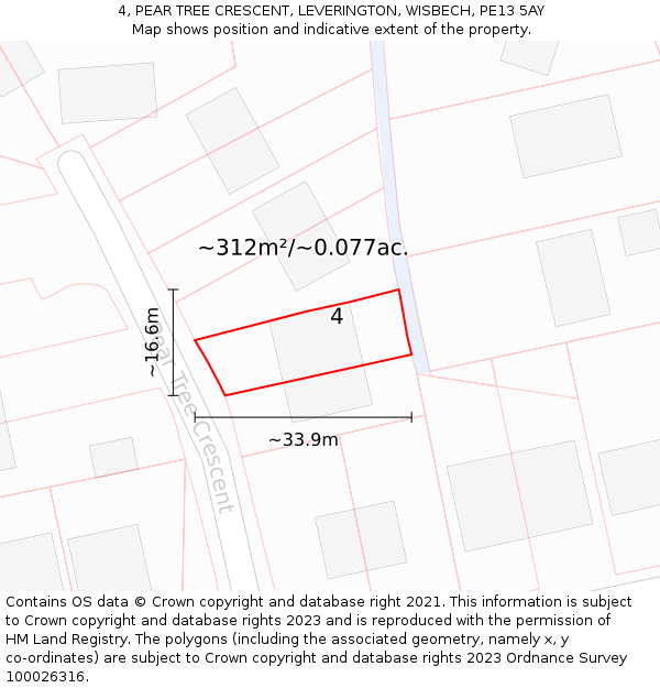 4, PEAR TREE CRESCENT, LEVERINGTON, WISBECH, PE13 5AY: Plot and title map