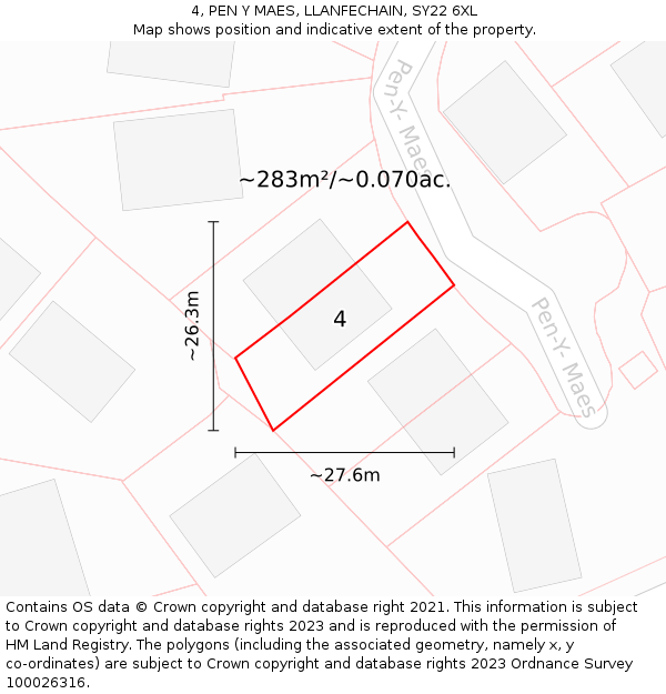 4, PEN Y MAES, LLANFECHAIN, SY22 6XL: Plot and title map