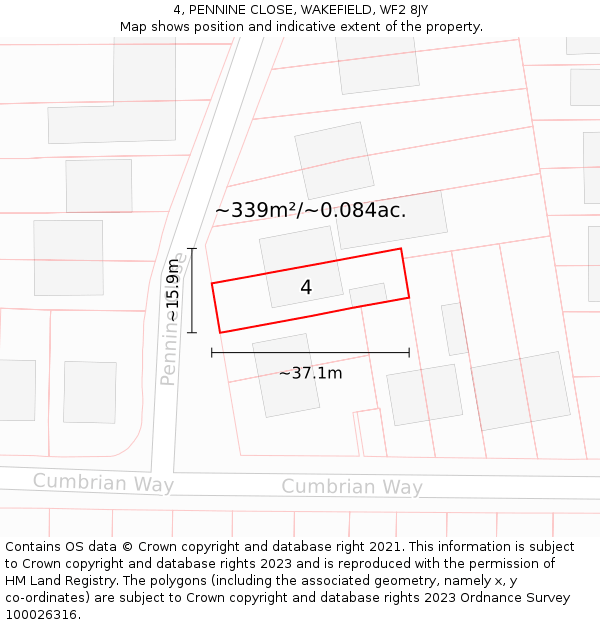4, PENNINE CLOSE, WAKEFIELD, WF2 8JY: Plot and title map