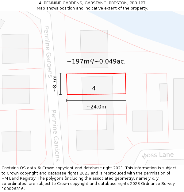 4, PENNINE GARDENS, GARSTANG, PRESTON, PR3 1PT: Plot and title map