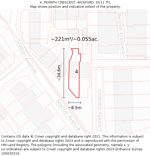 4, PENRITH CRESCENT, WICKFORD, SS11 7FL: Plot and title map