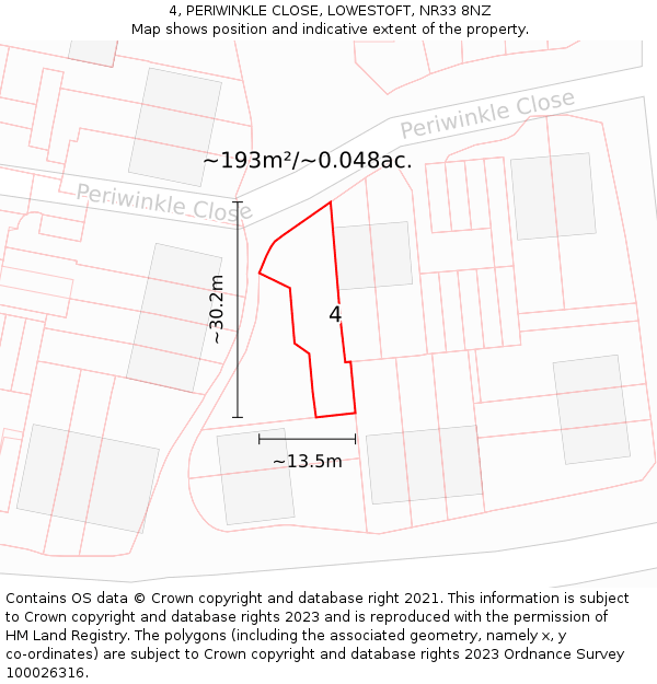4, PERIWINKLE CLOSE, LOWESTOFT, NR33 8NZ: Plot and title map