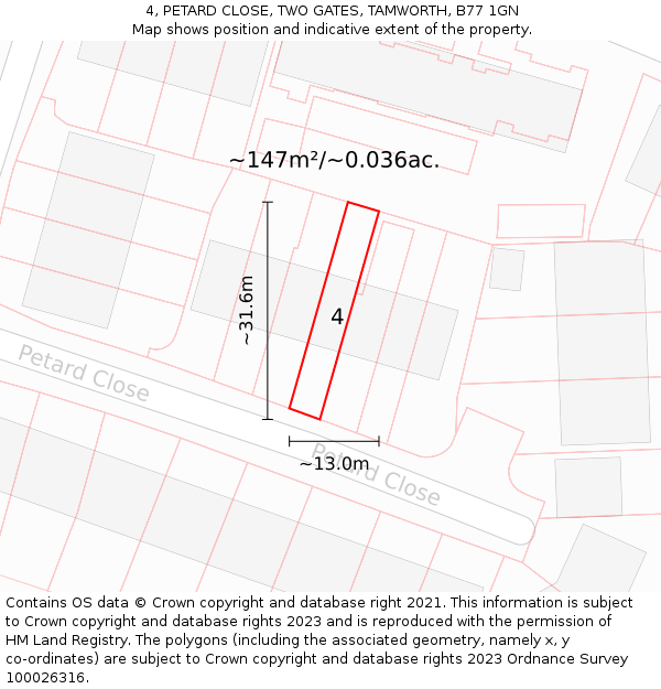 4, PETARD CLOSE, TWO GATES, TAMWORTH, B77 1GN: Plot and title map