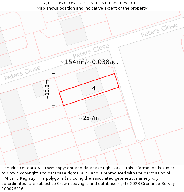 4, PETERS CLOSE, UPTON, PONTEFRACT, WF9 1GH: Plot and title map