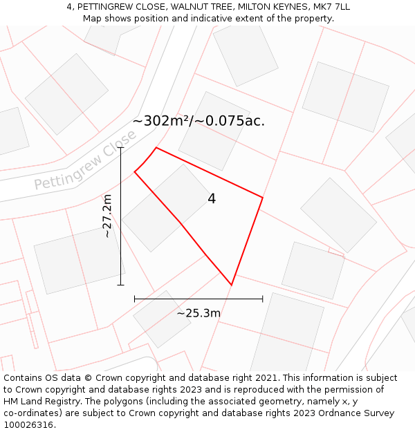 4, PETTINGREW CLOSE, WALNUT TREE, MILTON KEYNES, MK7 7LL: Plot and title map