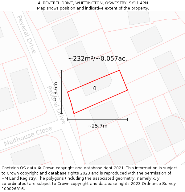 4, PEVEREL DRIVE, WHITTINGTON, OSWESTRY, SY11 4PN: Plot and title map