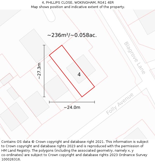 4, PHILLIPS CLOSE, WOKINGHAM, RG41 4ER: Plot and title map
