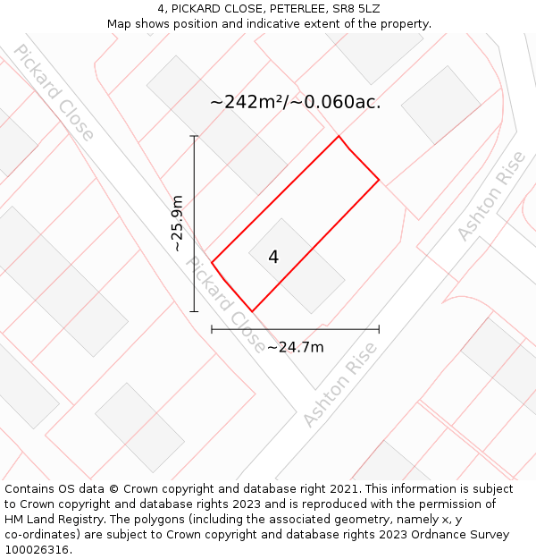4, PICKARD CLOSE, PETERLEE, SR8 5LZ: Plot and title map