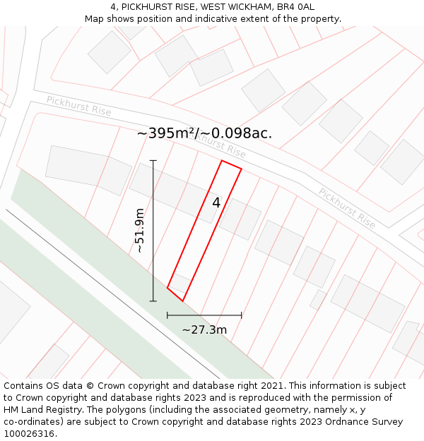 4, PICKHURST RISE, WEST WICKHAM, BR4 0AL: Plot and title map