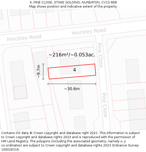 4, PINE CLOSE, STOKE GOLDING, NUNEATON, CV13 6EB: Plot and title map