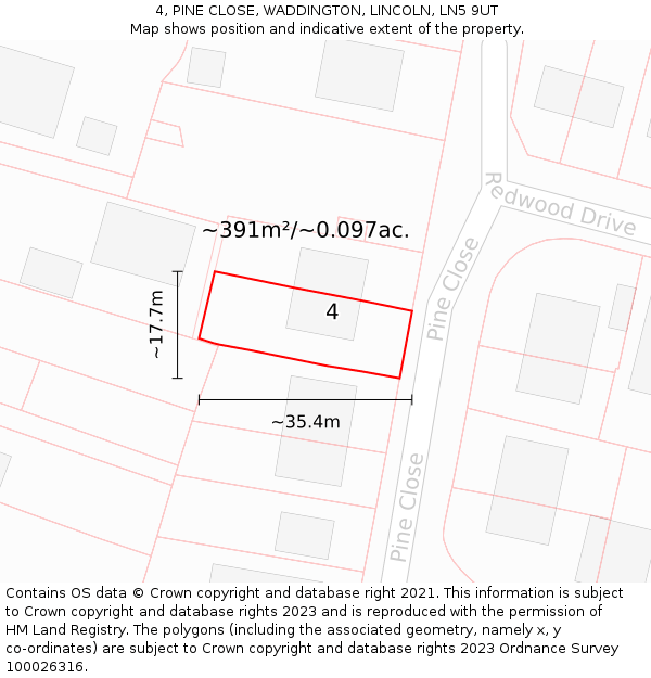 4, PINE CLOSE, WADDINGTON, LINCOLN, LN5 9UT: Plot and title map