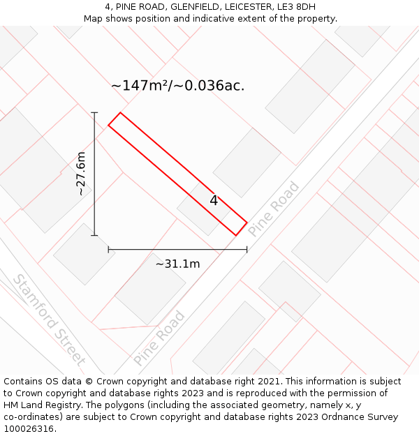 4, PINE ROAD, GLENFIELD, LEICESTER, LE3 8DH: Plot and title map