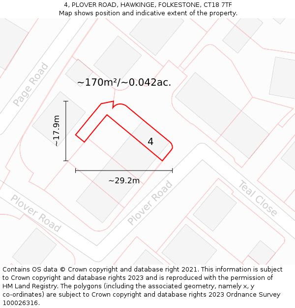 4, PLOVER ROAD, HAWKINGE, FOLKESTONE, CT18 7TF: Plot and title map