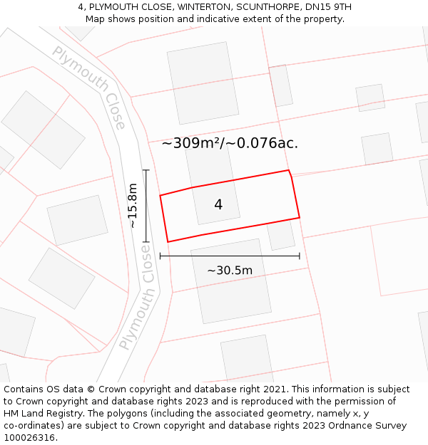 4, PLYMOUTH CLOSE, WINTERTON, SCUNTHORPE, DN15 9TH: Plot and title map