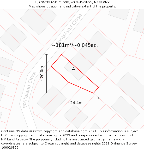 4, PONTELAND CLOSE, WASHINGTON, NE38 0NX: Plot and title map