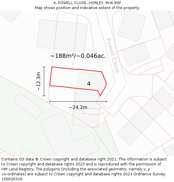 4, POWELL CLOSE, HORLEY, RH6 8SF: Plot and title map