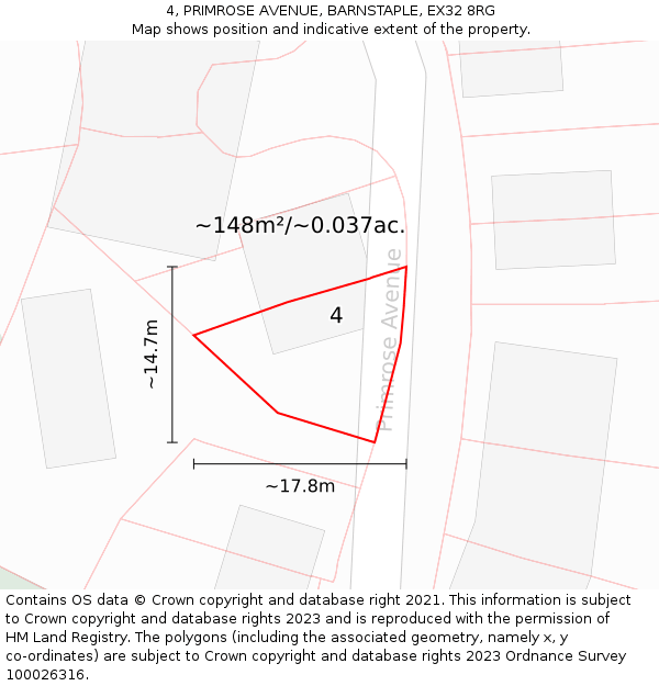 4, PRIMROSE AVENUE, BARNSTAPLE, EX32 8RG: Plot and title map