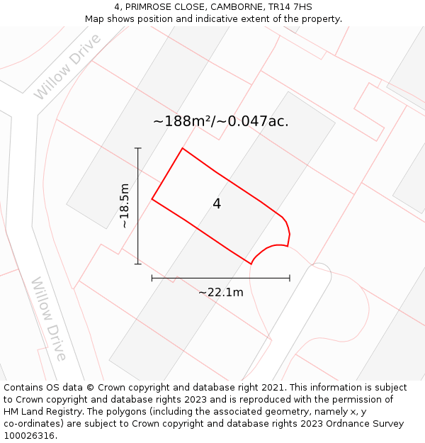 4, PRIMROSE CLOSE, CAMBORNE, TR14 7HS: Plot and title map