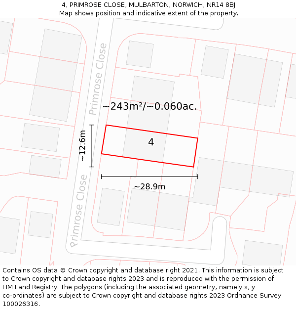 4, PRIMROSE CLOSE, MULBARTON, NORWICH, NR14 8BJ: Plot and title map
