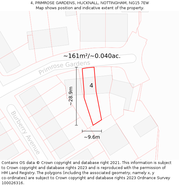 4, PRIMROSE GARDENS, HUCKNALL, NOTTINGHAM, NG15 7EW: Plot and title map
