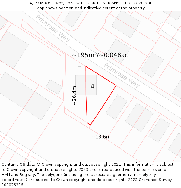 4, PRIMROSE WAY, LANGWITH JUNCTION, MANSFIELD, NG20 9BF: Plot and title map
