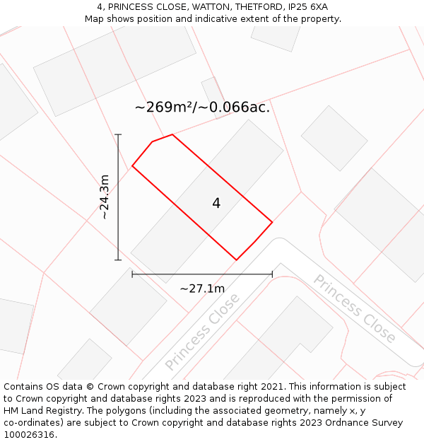 4, PRINCESS CLOSE, WATTON, THETFORD, IP25 6XA: Plot and title map