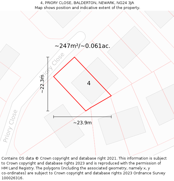 4, PRIORY CLOSE, BALDERTON, NEWARK, NG24 3JA: Plot and title map
