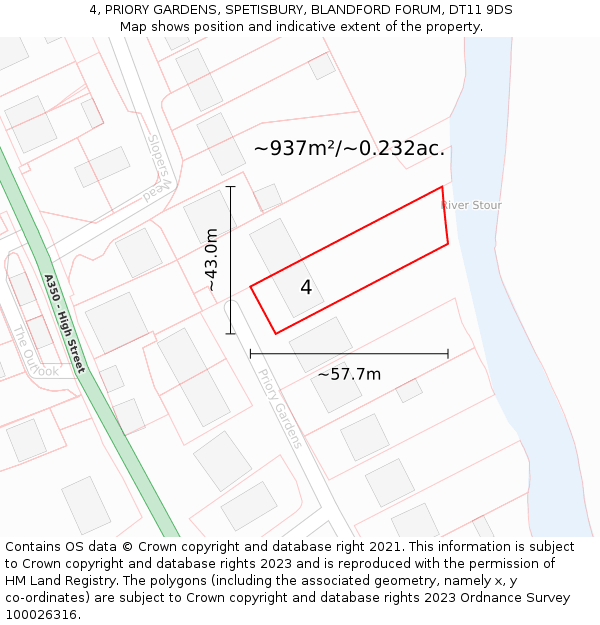 4, PRIORY GARDENS, SPETISBURY, BLANDFORD FORUM, DT11 9DS: Plot and title map