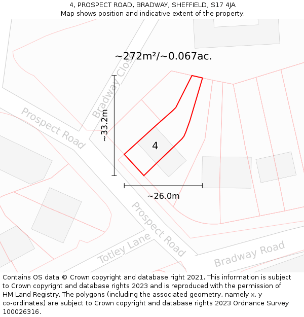 4, PROSPECT ROAD, BRADWAY, SHEFFIELD, S17 4JA: Plot and title map
