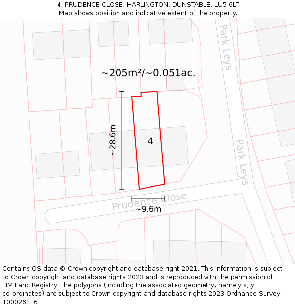 4, PRUDENCE CLOSE, HARLINGTON, DUNSTABLE, LU5 6LT: Plot and title map