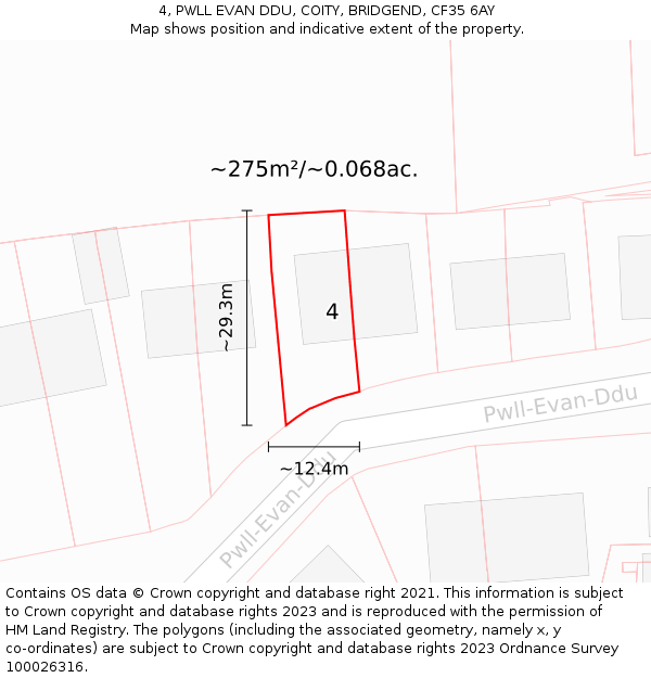 4, PWLL EVAN DDU, COITY, BRIDGEND, CF35 6AY: Plot and title map