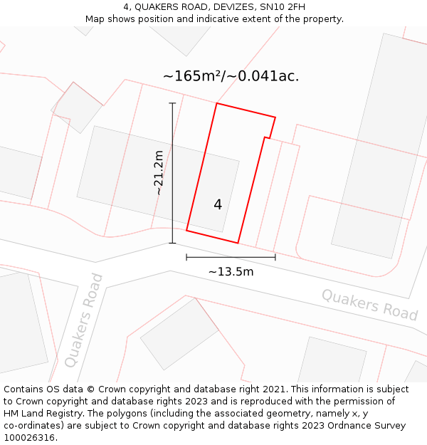 4, QUAKERS ROAD, DEVIZES, SN10 2FH: Plot and title map