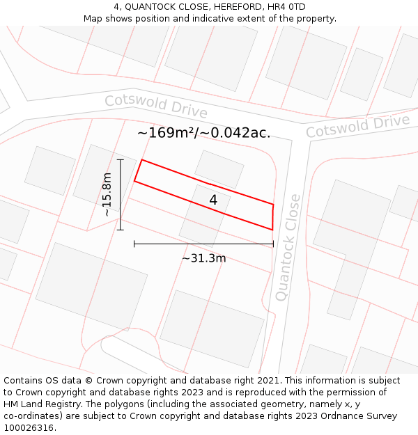 4, QUANTOCK CLOSE, HEREFORD, HR4 0TD: Plot and title map