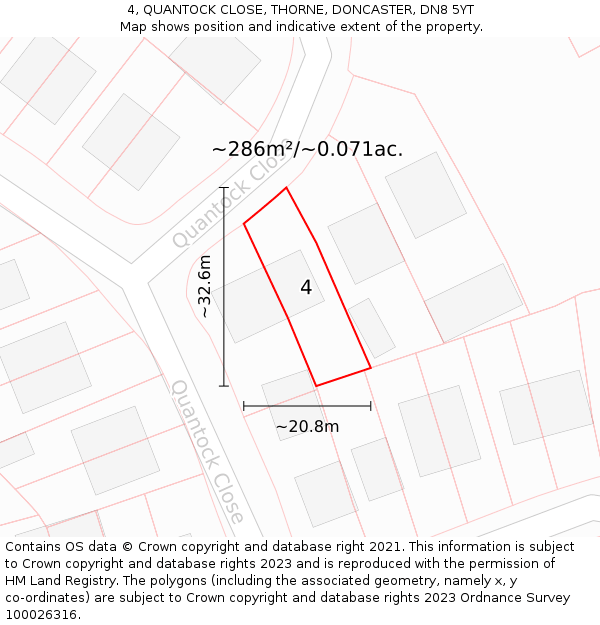 4, QUANTOCK CLOSE, THORNE, DONCASTER, DN8 5YT: Plot and title map
