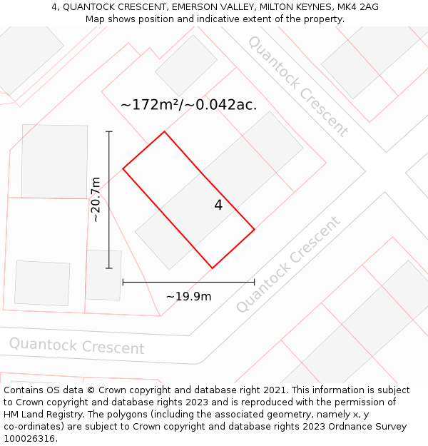 4, QUANTOCK CRESCENT, EMERSON VALLEY, MILTON KEYNES, MK4 2AG: Plot and title map