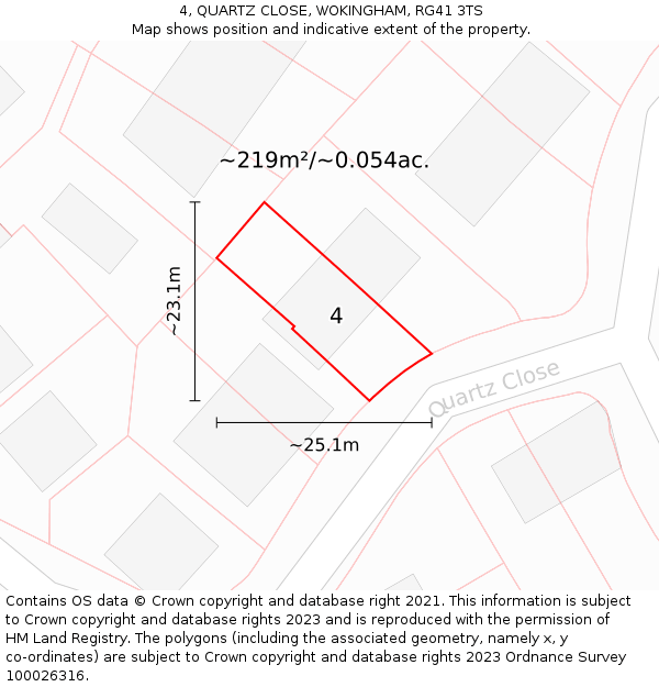 4, QUARTZ CLOSE, WOKINGHAM, RG41 3TS: Plot and title map