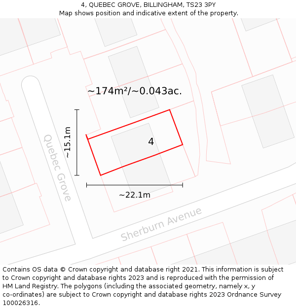 4, QUEBEC GROVE, BILLINGHAM, TS23 3PY: Plot and title map