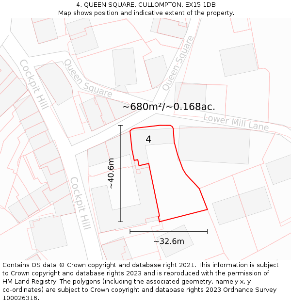 4, QUEEN SQUARE, CULLOMPTON, EX15 1DB: Plot and title map