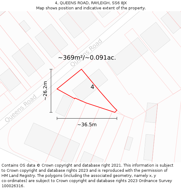 4, QUEENS ROAD, RAYLEIGH, SS6 8JX: Plot and title map
