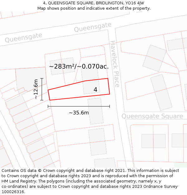 4, QUEENSGATE SQUARE, BRIDLINGTON, YO16 4JW: Plot and title map