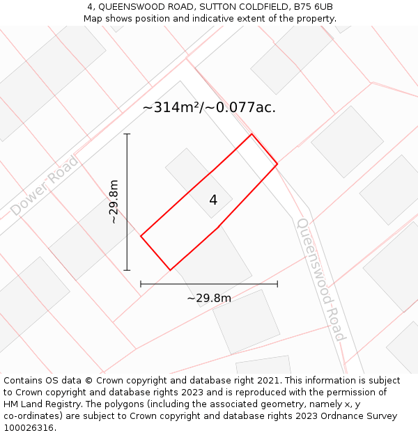 4, QUEENSWOOD ROAD, SUTTON COLDFIELD, B75 6UB: Plot and title map
